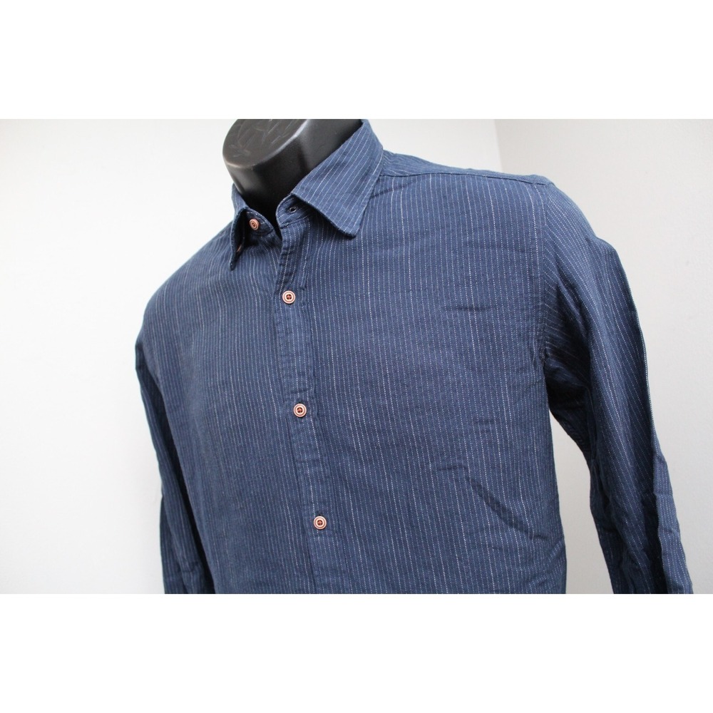 Massimo Dutti Button Up Dress Shirt‎ Blue Striped Long Sleeve Mens Size Small